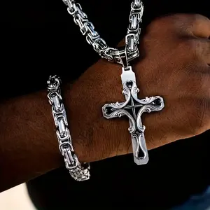 2pcs/ Set Men's Retro Gothic Stainless Steel Cross Necklace and Bracelet, Personality Hip Hop Emperor Chain Stainless Steel Necklace for Men, The Perfect Gift for Men