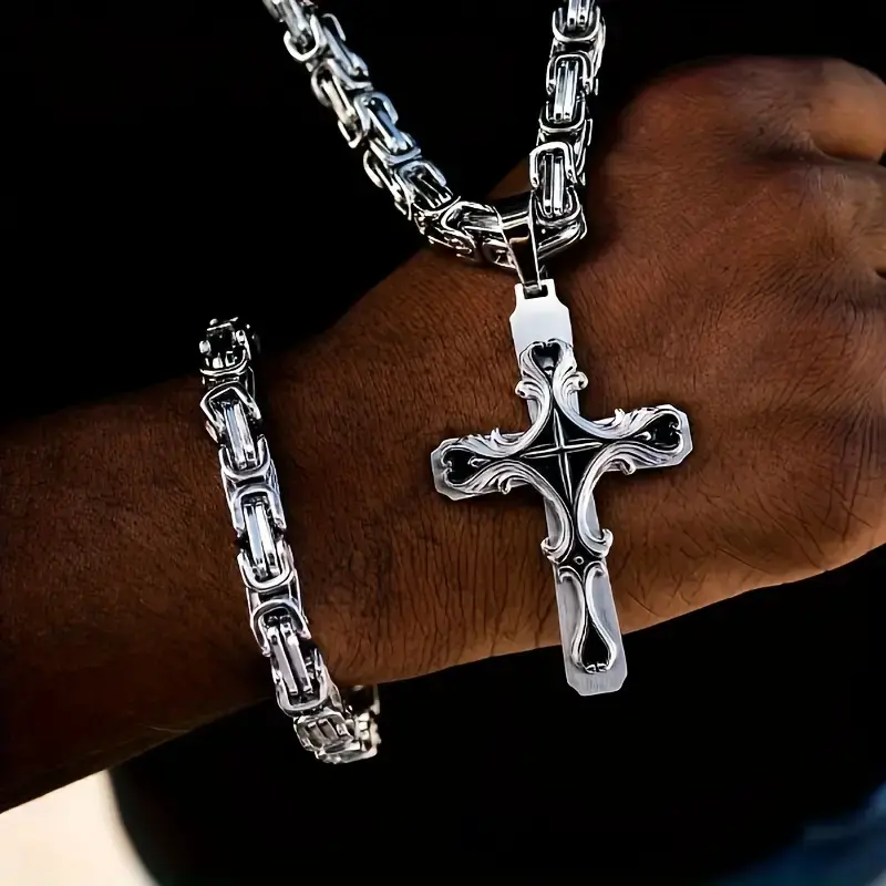 Men's 2-Piece Retro Gothic Stainless Steel Cross Jewelry Set - Christmas Gift for Male, Includes Pendant Necklace and Hip Hop Emperor Chain Bracelet
