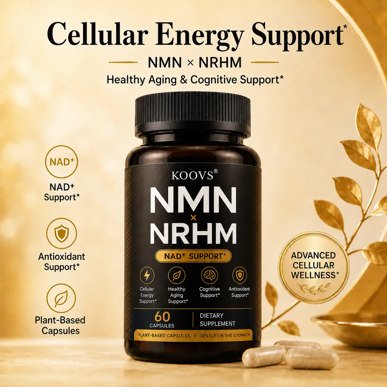 KOOVS NMN Dietary Supplement - 1000 mg, Quercetin, TMG, Resveratrol Complex - Supports Cellular Energy, NAD+ Levels - Vitamin-Based Health & Wellness Supplement