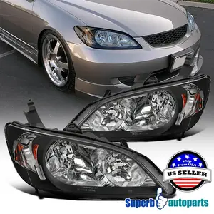 Fit 2004-2005 Honda Civic Headlights 04-05 2Dr Coupe 4Dr Black Replacement Lamps