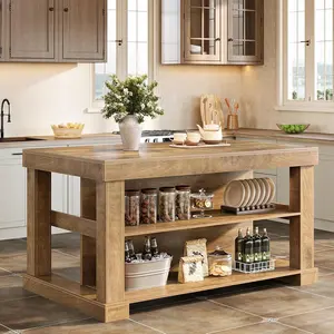 Tribesigns Light Brown Kitchen Island With 3 Shelves, Farmhouse Style, 55 Inches Wide, Easy to Assemble