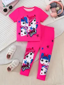 Girls' Clothing Set, 2-Piece Cute Cartoon Print, Soft Comfortable Fabric, Elastic Waistband, Casual Style, Perfect for Outdoor Activities