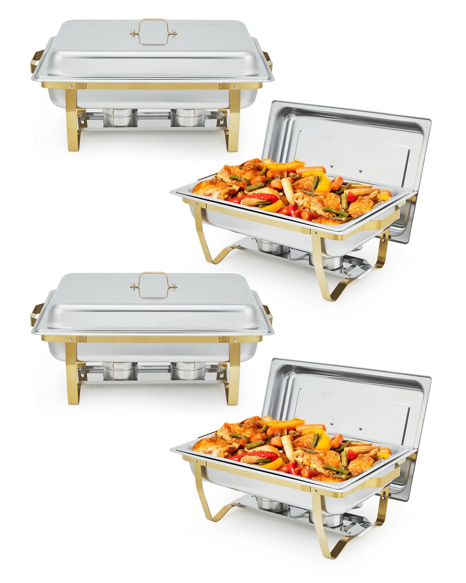 GARVEE 4-Pack 8QT Buffet Server and Warmer Set with Lids and Foldable Frames, Rectangular Stainless Steel Food Warmers in Gold for Parties, Weddings, and Catering Supplies