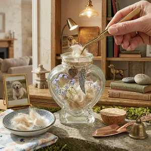 Pet Fur Memorial Jar, Heart Glass Bottle with Angel Wing Charm, Keepsake for Cat Dog Hair, Meaningful Pet Loss Remembrance & Sympathy Gift