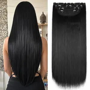 Black Straight Hair Extensions, 20 Inches Soft Synthetic Clip in Hair Extensions 4Pcs