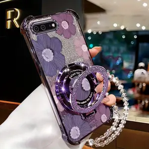 Pearl Strap Lanyard Elegant Purple Flowers Transparent Magnetic Glitter Phone Holder Case with Durable Protector For Compatible with iPhone 8 Plus