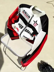 Street Style Racing Element Graphic Letter Print Contrast Color Long Sleeve Jacket, Vintage Unisex Design for Autumn Winter Wear