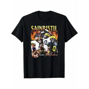 Men's Mike Sainristil Michigan Wolverines Graphic T-Shirt, 100% Cotton Short-Sleeve Crew Neck Unisex Casual Menswear Top, College Football Fan Apparel, Sports Jersey-Style Printed Gift for Football Lovers