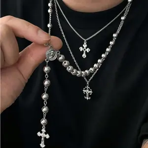 3-Piece Set Retro Minimalist Geometric Cross Pendant, Long Y-shaped Necklace, Perfect Fashion Gift for Men and Women To Wear Every Day herringbone star spoon Trendy Sterling Silver Stud Earrings citrine ring link chain necklace classic Black hip hop Vinta