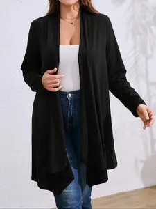 Plus Size Women's Loose Asymmetrical Hem Casual Cardigan Jacket Outerwear, Knee-Length Long Sleeve Pullover, Button Front, All Seasons, Comfortable Fit