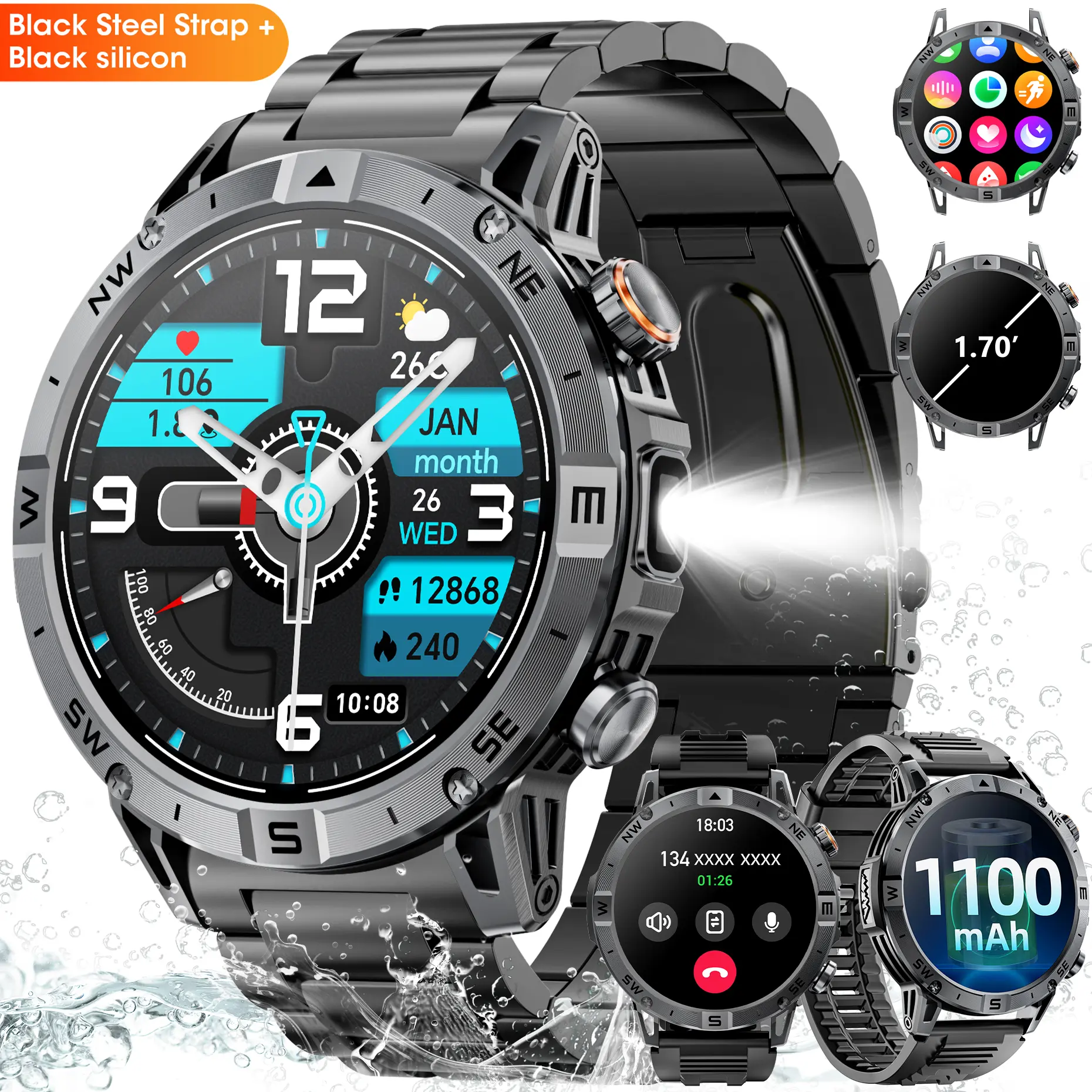 New 2026 men’s military-style smart sports watch, featuring a 1.7-inch AMOLED HD display, a large 1100mAh battery, message alerts, sports modes and IP67 water resistance. Designed specifically for men, it is compatible with Android and iOS systems