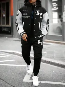 Men's Letter Print Baseball Jacket Long Sleeves & Sweatpants Two-Piece Set, Regular Fit Casual Fashion Cozy Breathable Two Piece Outfits for Daily Outdoor Wear, Men Clothes for Fall & Winter
