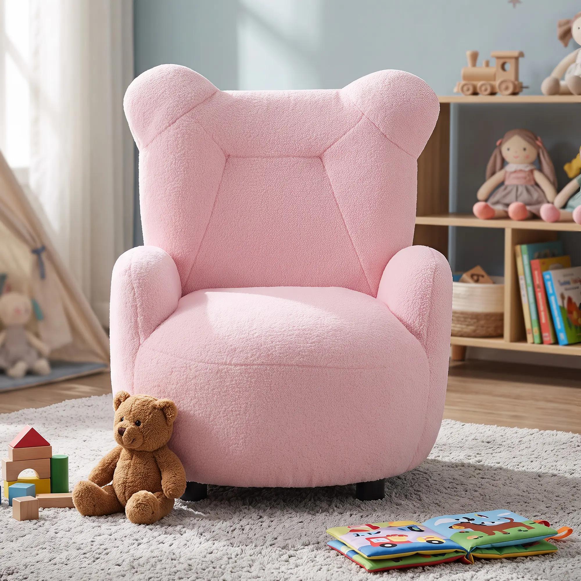 EBELLO Kids Teddy Shape Tub Chair - Soft Boucle Single-Seat Toddler Upholstered Armchair with Bear Ears, Round Base, Cozy Reading Accent Seat for Nursery, Toddler Furniture (90 lbs Capacity)