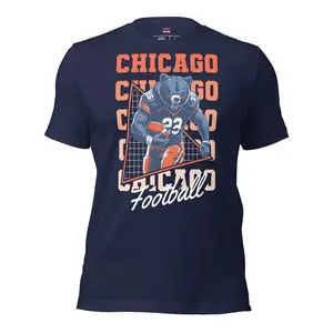 Chicago Football T-Shirt - Vintage Navy Blue Crewneck for Sports Fans, 100% Cotton, Pre-Shrunk, Tear-Away Label, Game Day Essential