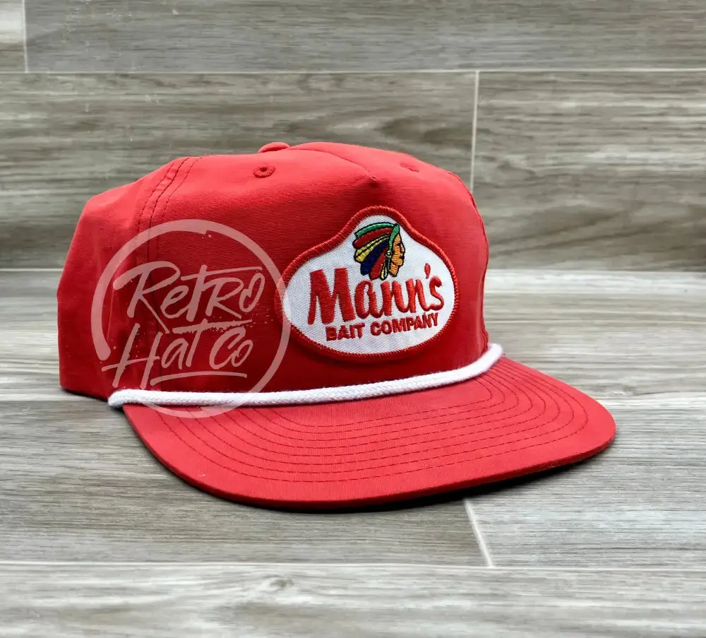 Mann’s Bait Co. Patch on Red Retro Hat w/White Rope