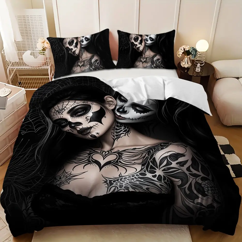 Bedding 3-piece set, Theme Bedding Set - Decorative Bedding Set, Happy Day of the Dead Black and White Sugar Skull Double Women's Down Comforter Set (1 comforter cover + 2 pillowcases, filling not included) - suitable for family bedrooms Bed Sets Supplies