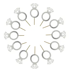 Silver Glitter Engagement Ring Cupcake Toppers, Bridal Shower Decorations, Wedding Dessert Table Picks, Donut Decor, Set of 12