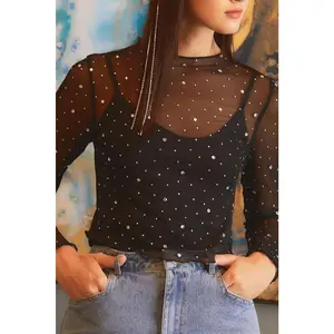 Black Rhinestone Sheer Mesh Slim Fit Long Sleeve Top