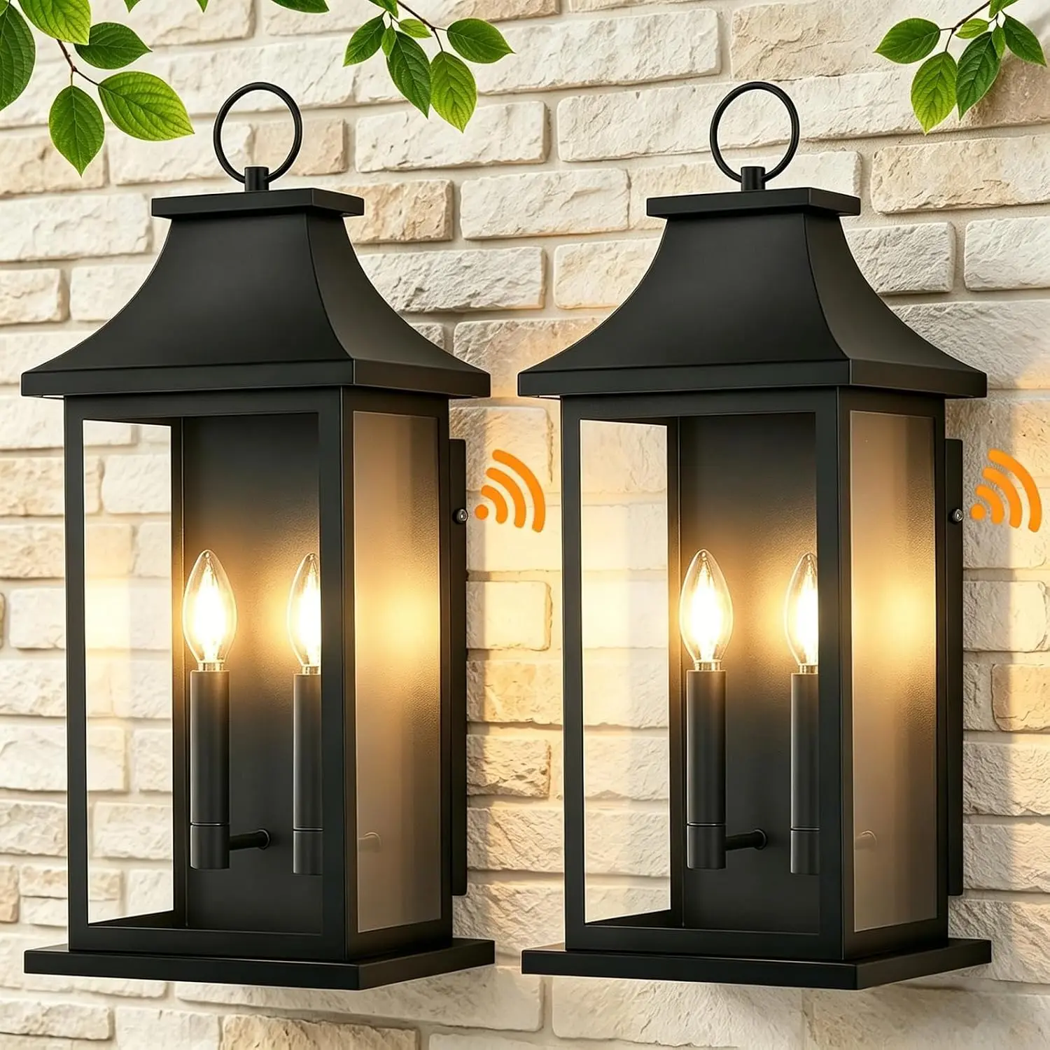 2-Pack Modern Black Outdoor Wall Lanterns, Dusk to Dawn Sensor 2-Light 22 in Glass Metal Sconces, Sensor On/Off Exterior Lighting Fixtures for Porch, Garage