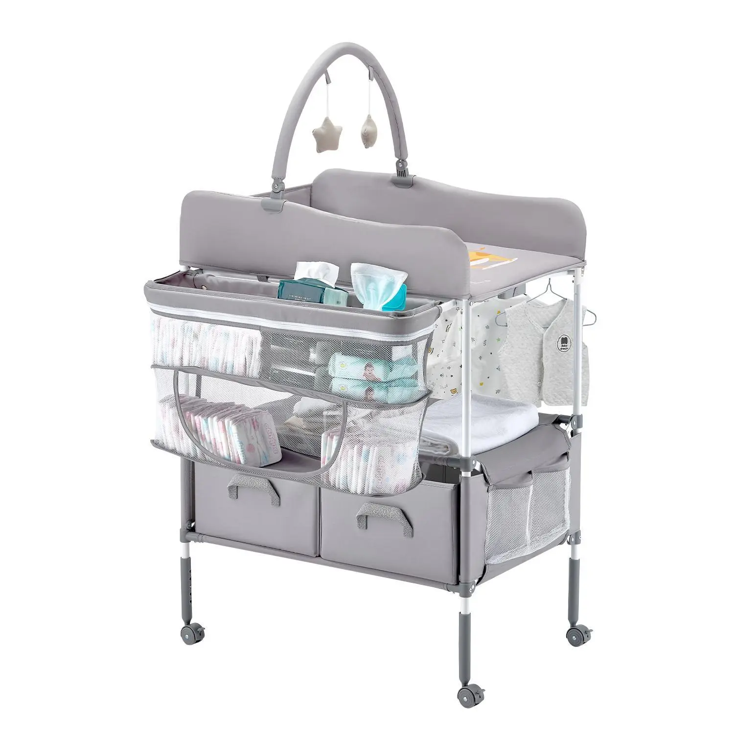 VEVOR Oxford Fabric Foldable Baby Changing Table, Adjustable Height Portable Diaper Change Station with 2 Fabric Drawers, Side Basket, Hanging Rod, Lockable Wheels, 2 Star Toys, Light Gray#SohoChic