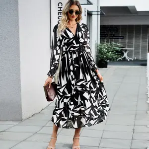 Floral V Neck Wrap Maxi Dress Women’s Long Sleeve Chiffon Spring Dress Wedding Guest Casual Party Elegant Flowy with Belt Design feminine  dress Flowers