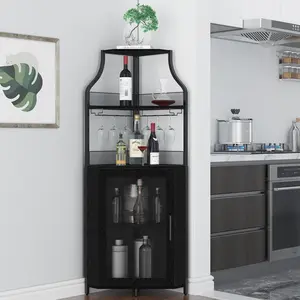 Corner Bar Cabinet,Wine Bar Cabinet and Glass Holder 5-Tiers Storage Space Corner Liquor Cabinet Industrial Wine Rack for Small Space with Glass Holder and Mesh Door