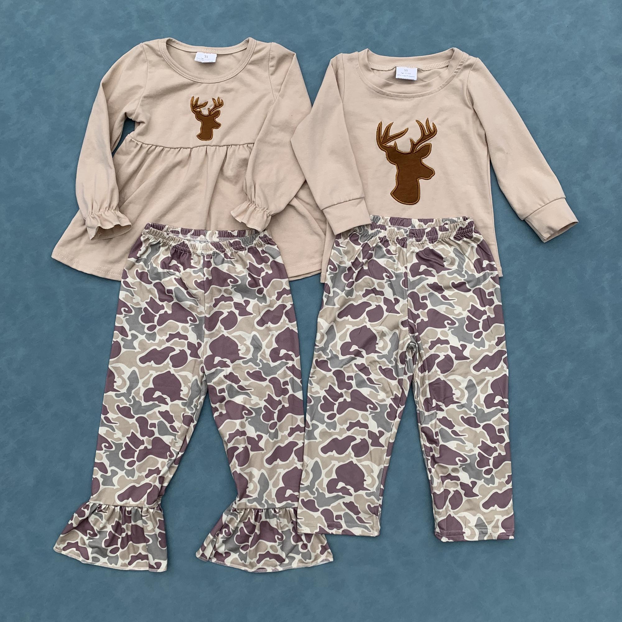 Embroidery reindeer tunic top camouflage ruffle pants girls clothes