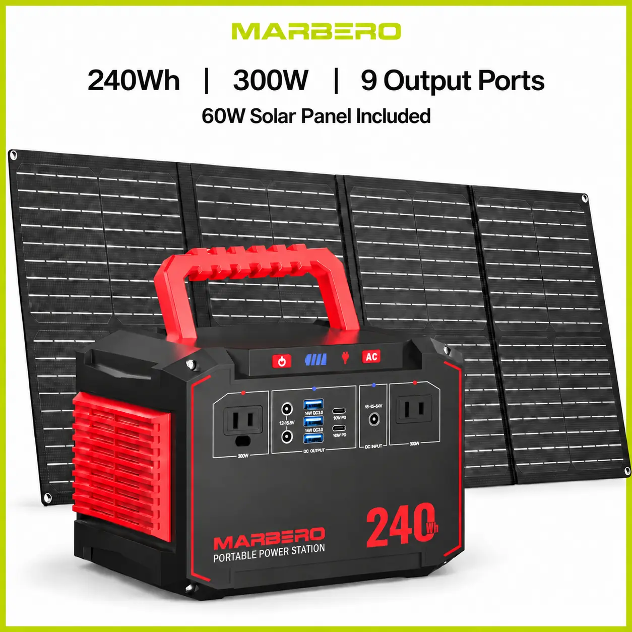 MARBERO 240Wh Solar Generator Portable Power Station Portable Charger with 300W AC Outlets (350W Peak) 9 Output Ports for Camping Power Outage Storm