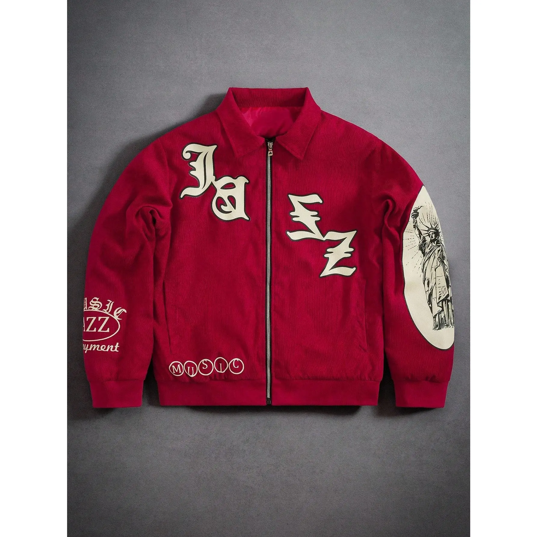 Men's Red Corduroy Zip-Up Jacket - Statue of Liberty Graphic Y2K Varsity Style