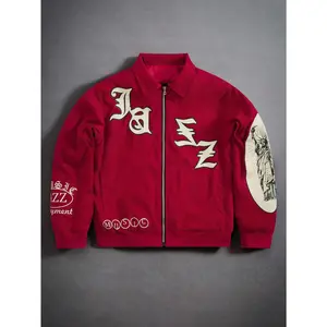 Men's Red Corduroy Zip-Up Jacket - Statue of Liberty Graphic Y2K Varsity Style