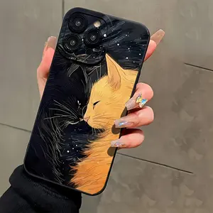 Cartoon Healing Starry Sky Background Black Cat Orange Cat Creative New Phone Case, Suitable for iPhone 17 Air/16e/XS/X/11/12/13/14/Pro/Pro Max/Plus, Shockproof Full Protection Lens Phone Case, Best Choice for Holiday Gifts to Family and Friends MS20