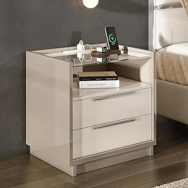 VanAcc 23.6" High Gloss Nightstand with Glass Tabletop, Modern Bedside Table with Charging Station,  Elegance End Table with 2 Storage  Drawers and Open Shelf for Bedroom, Living Room, Convenient and Stability