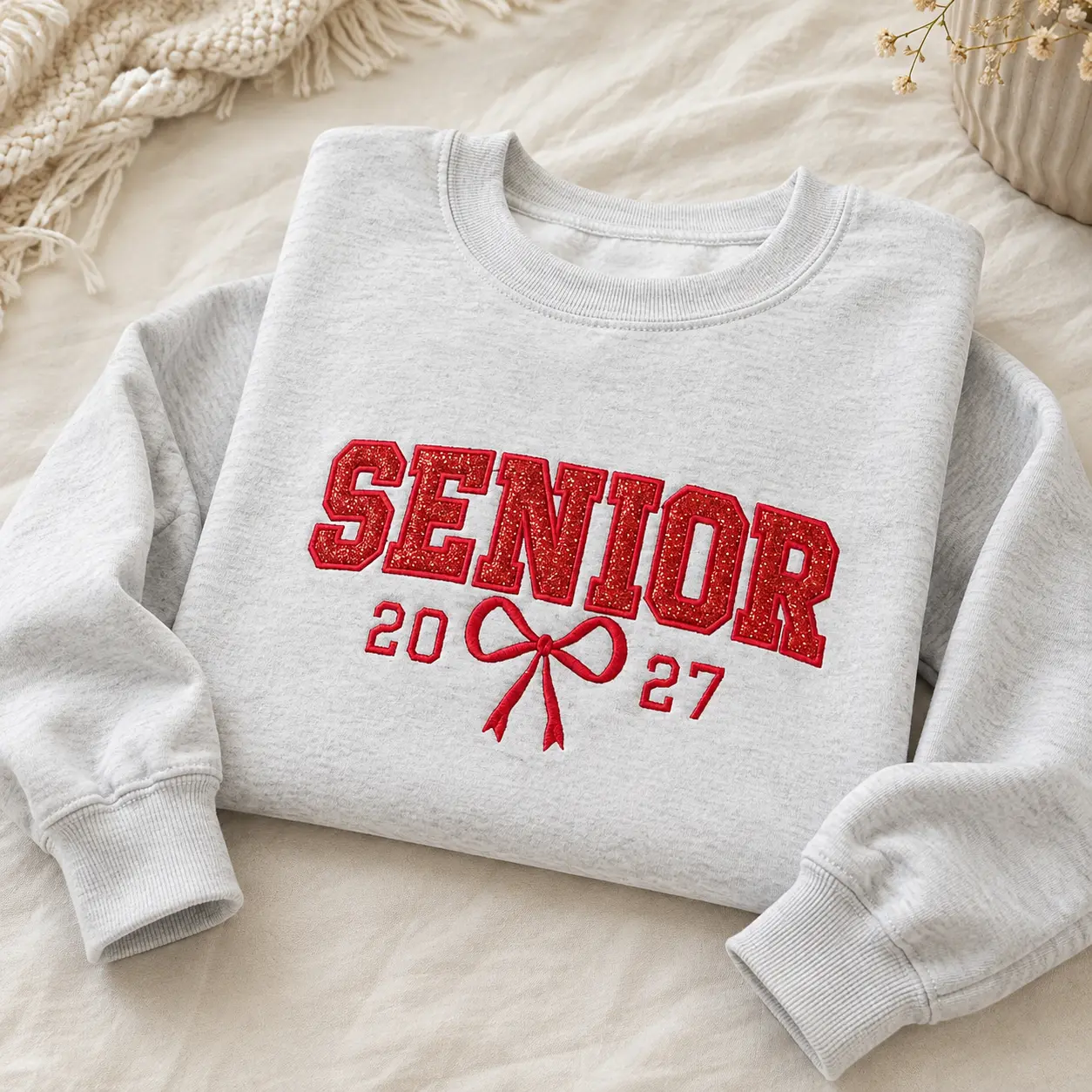 [Made in USA] Senior Class of 2027 Glitter Embroidered Sweatshirt, Coquette Bow Graduation Crewneck, High School Senior Sweater, Graduation Gift