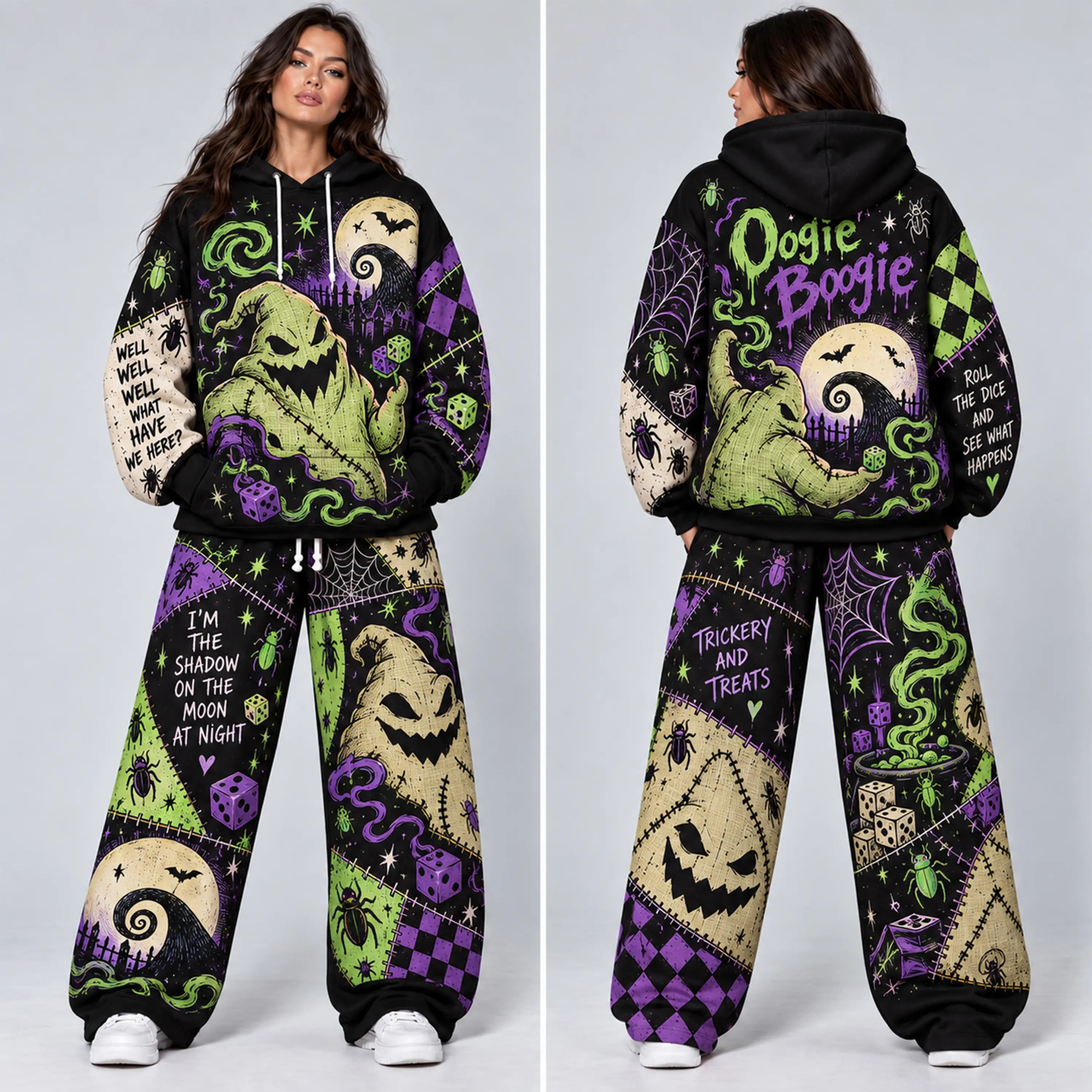 Oogie Boogie Halloween Hoodie & Sweatpants Set, Dice Spider Web Pumpkin Patchwork Outfit, Oversized Unisex Horror Costume Set