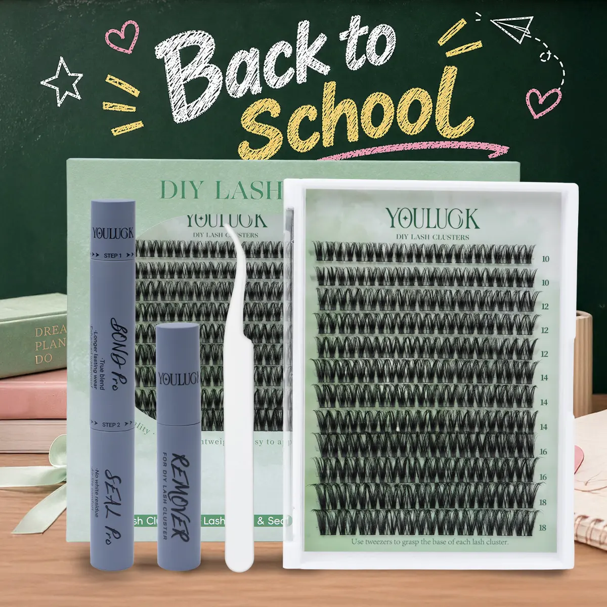 YOULUCK Velvet Touch 2.0 Gray Glue Cluster Lashes Kit - Waterproof, Lightweight, Natural Fluffy Individual Eyelash Extensions with Ultra-Thin Band, Bond Seal Remover, Ideal for Beginners (Makeup, DIY Lashes), Natural Lash Clusters,back to school