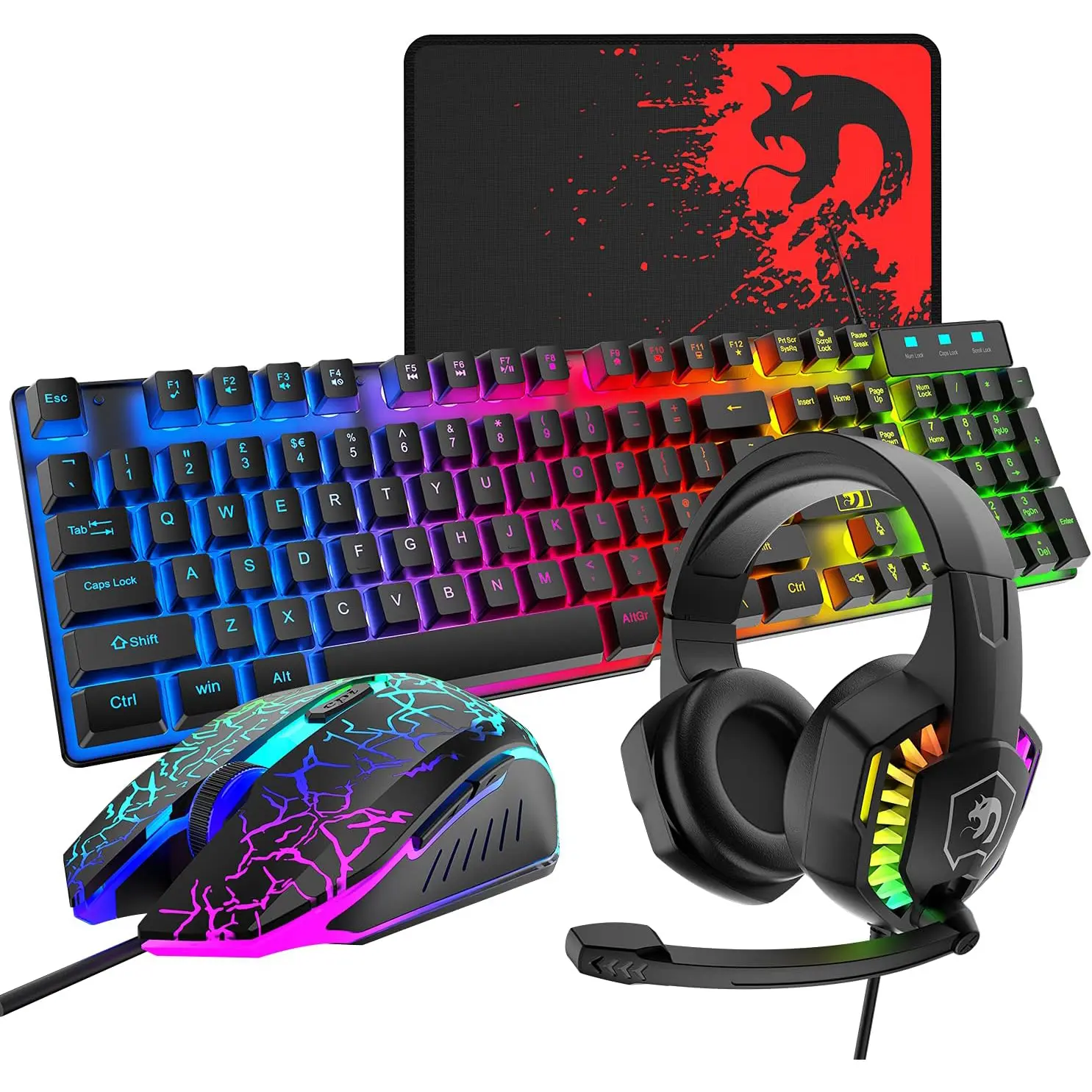 ZIYOU LANG T11 Wired Membrane Gaming Keyboard and Mouse Headset 4in1 Combo,Rainbow LED Backlit Wired Keyboard,Over Ear Headphone with Mic,Rainbow Backlit Gaming Mice,Mouse Pad,for PC,Laptop,Mac,PS4,