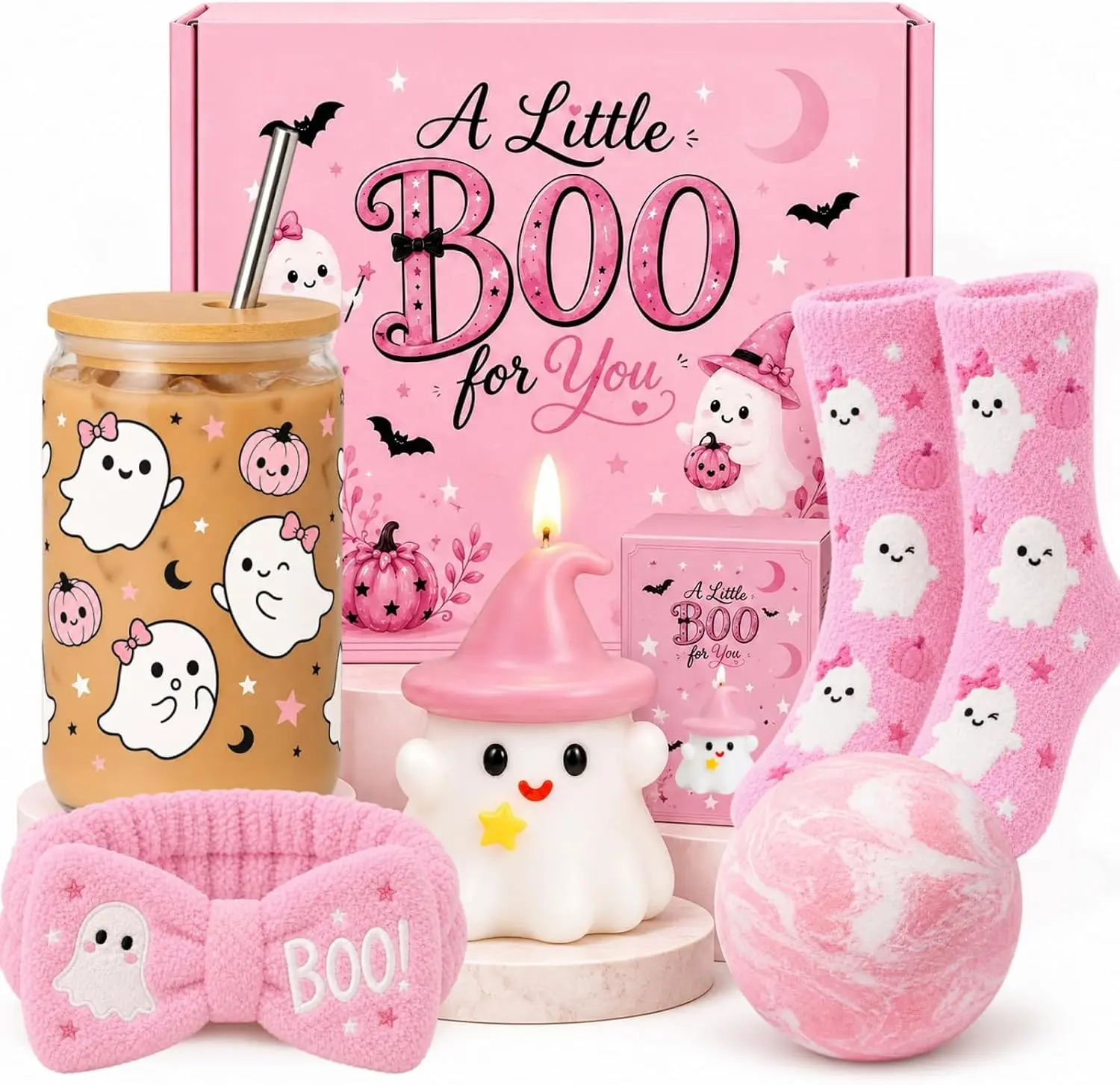 Halloween Fall GIft Pink Halloween Boo Basket Stuffers Gift Set for Women Including Glass Cup