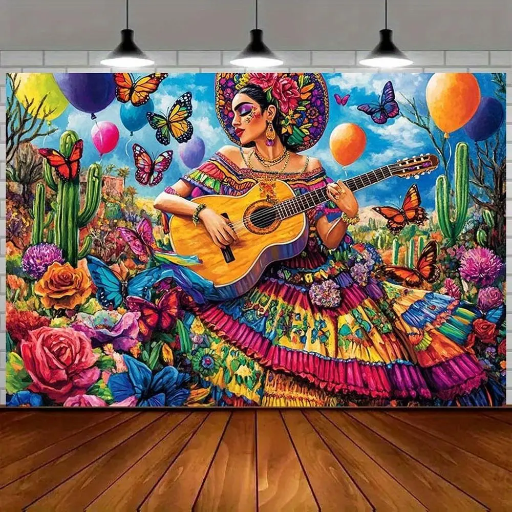 1pc Mexican Folk 1-Piece Flat Fabric Art Throw Wall Hanging Decoration - Traditional Woman with Floral Motifs Playing Guitar, Cacti, Balloons, Flowers, No Electricity, Easy-Hang Install, Wedding Decor, White Room Ornaments, Machine Washable
