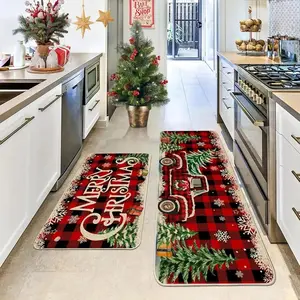 Christmas Kitchen Rug Set, Non-Slip Water Washable Polyester Mats, Truck & Buffalo Plaid Design, Home Bathroom Indoor Decor, Decorative Rug Mat