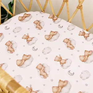 Stretchy Fitted Bassinet Sheet, Soft Breathable Baby Crib Mattress Cover, Universal Fit for Oval/Rectangle/Moses Basket, Gentle Soft Bedding, Cute Cloud Bear Print Nursery Bedding for Newborns