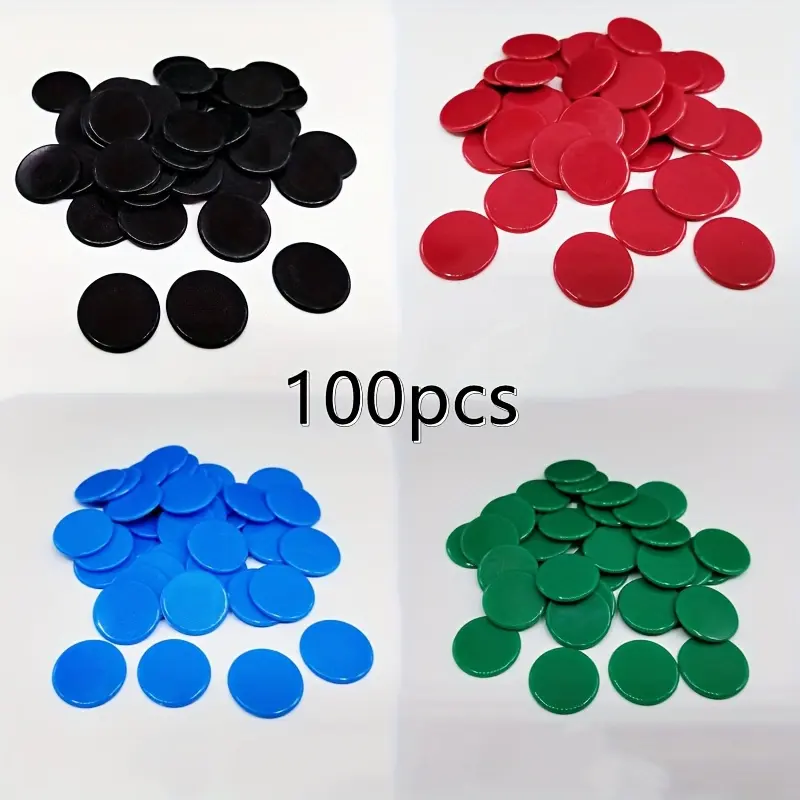 100-Piece Round Plastic Poker Game Chips Tokens - 25 Each of 4 Colors (Black Included), Family Game Accessories for Bingo Math Counting