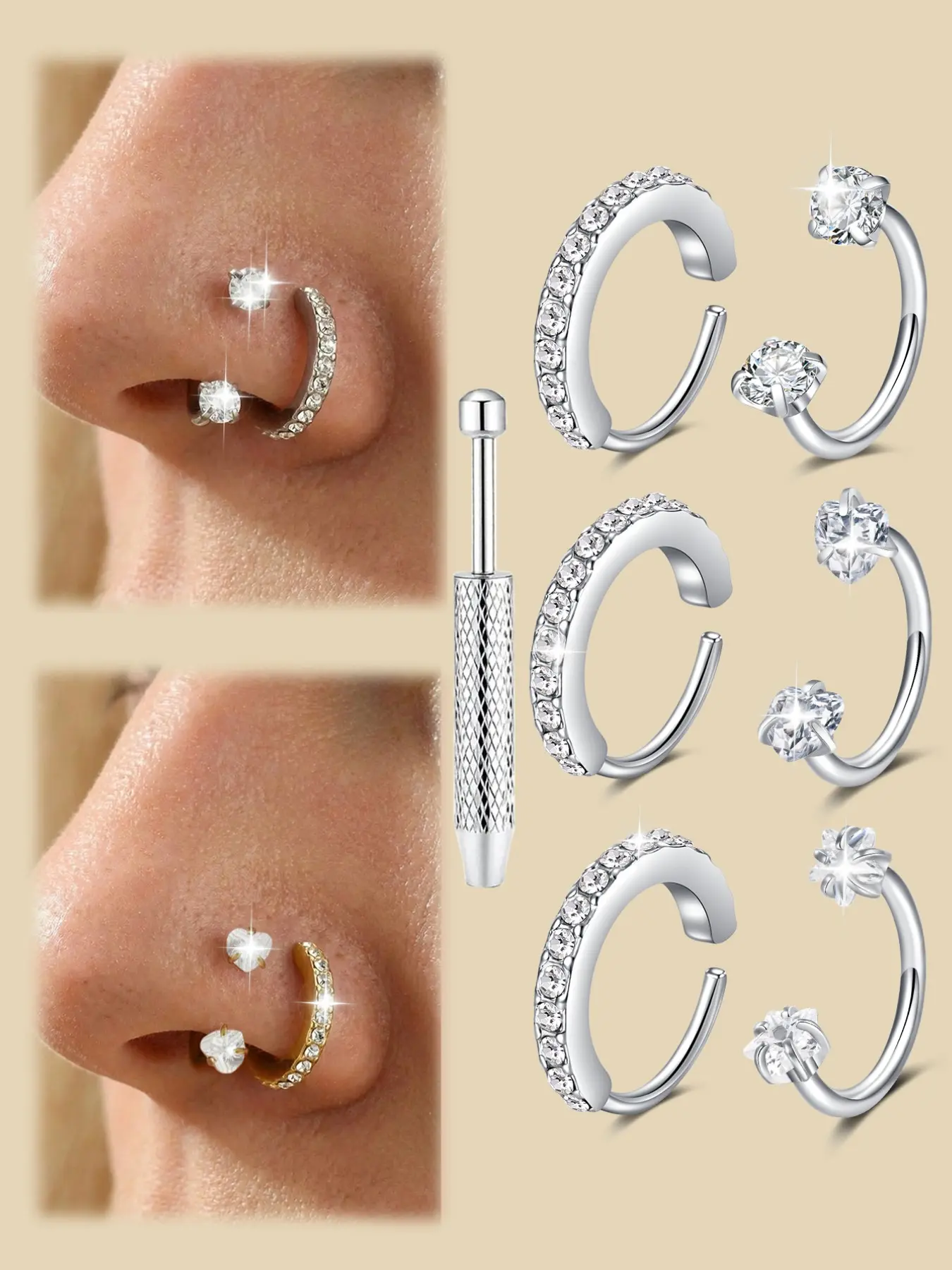 Low Allergy Stainless Steel Cubic Zirconia Stud Nose Rings, 20 Gauge Heart Design Tragus Earring, Unisex Fashion Jewelry Gift, Septum Pierced Ring, Piercing Jewelry, Fashion Body Jewelry