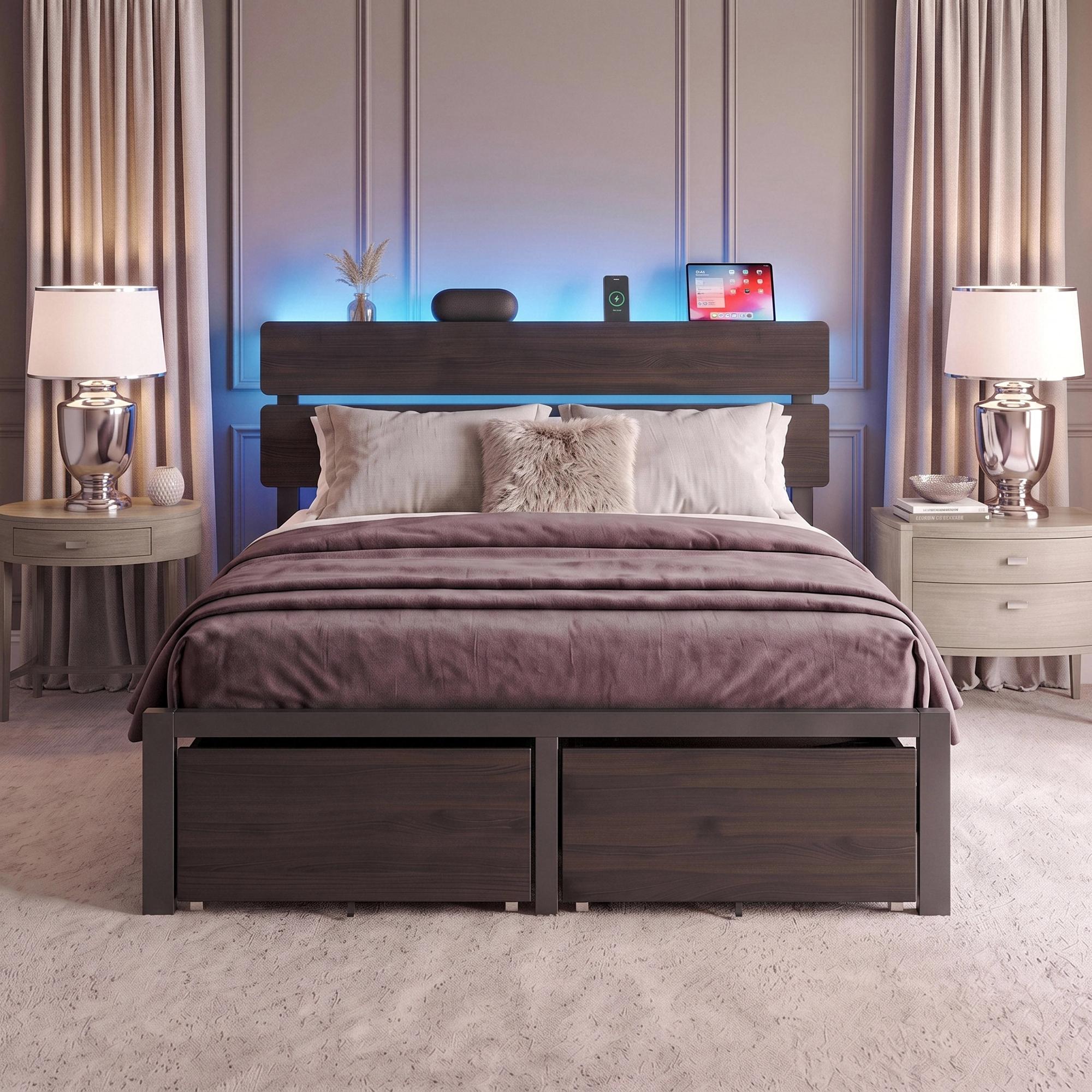 MUTICOR LED Bed Frame with 2 Fabric Storage Drawers, Charging Station & MDF Storage Headboard, Steel Slat Platform Bed with Underbed Storage, No Box Spring Needed