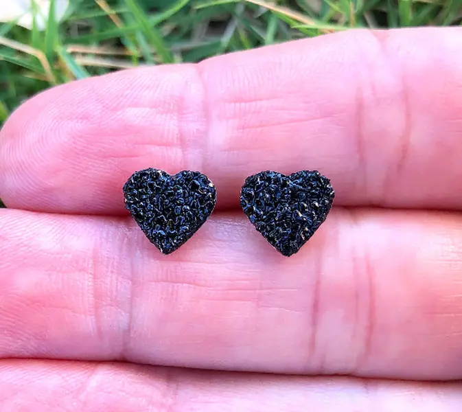 Raw Black Tourmaline Heart Stud Earrings, Natural Gemstone Studs, Genuine Stone Earrings, Rough Crystal Stud Earrings, Protection Earrings Gift