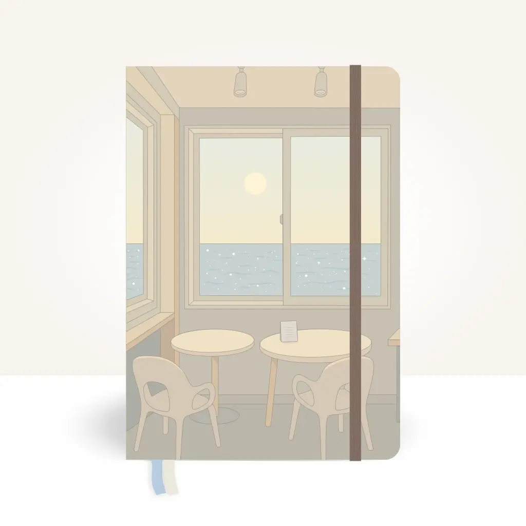 Cafe Cover - A5 Planner Cover with Pockets - coffee shop, serene, sea, ocean, sparkling, aesthetic, journal cover