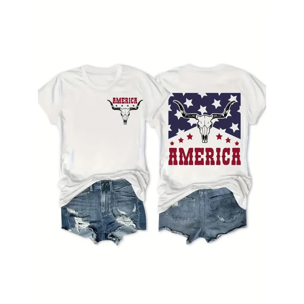 Women's America Bull Skull Star Flag Graphic Short-Sleeve T-Shirt, Casual Stylish Streetwear Round Neck Oversized Soft Cotton Top for Summer 4th of July Western Cowgirl Outfit, Shortsleeve, Casual Stylish Clothing
