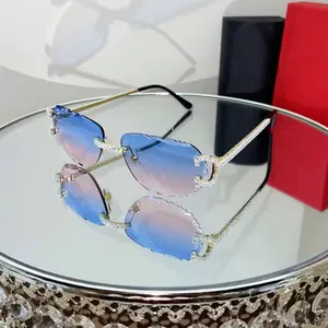 Luxury Rimless Round Cut Sunglasses Blue Pink Gradient Lens Gold Frame Diamond Rhinestone UV400 Protection Fashionable Shades
