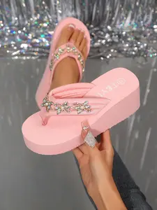Women's Thick Sole Rhinestone Design Sandals, Elegant Fashion Casual Summer Beach Slippers, Comfortable Daily Wear Flip Flops, Footwear