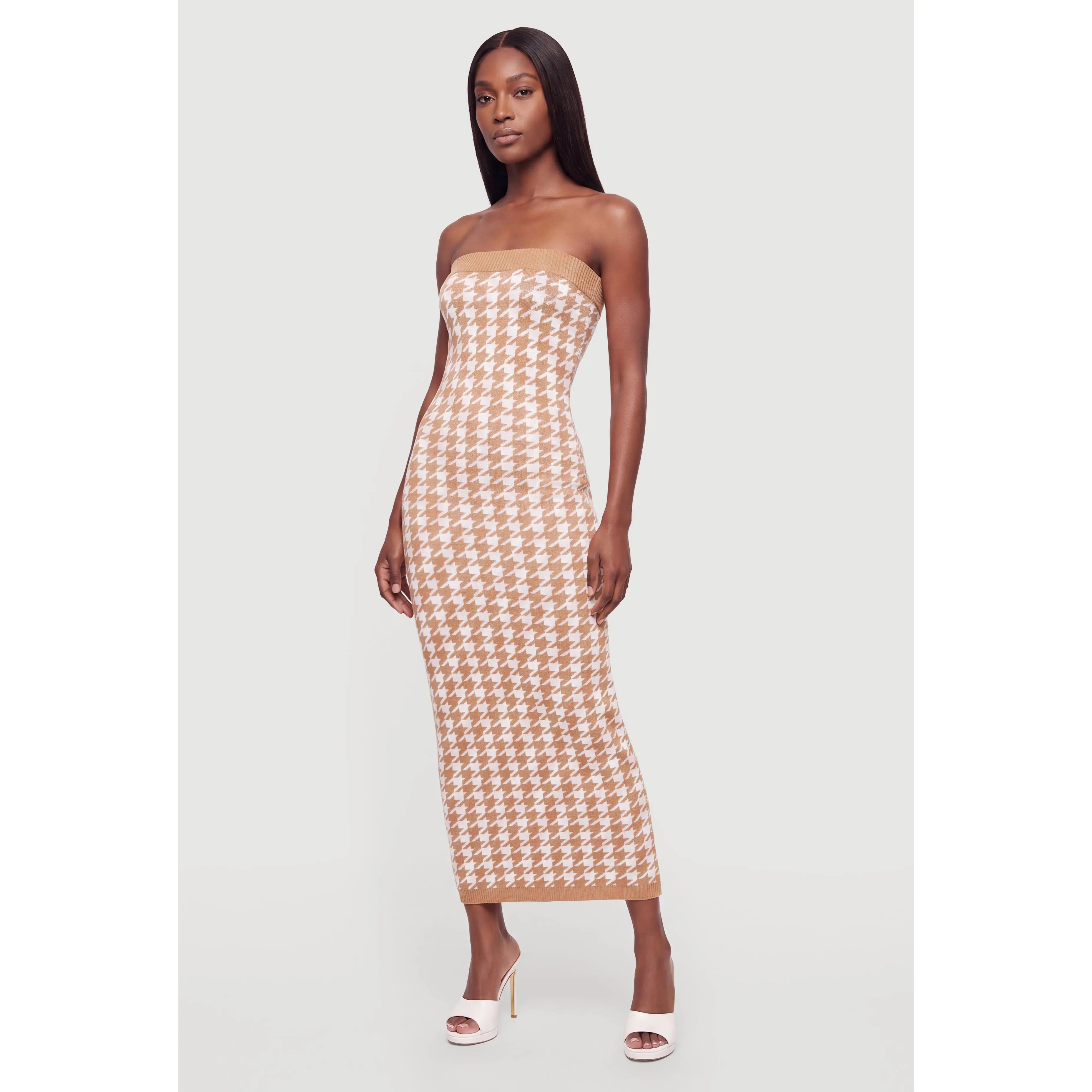Houndstooth Plaid Tube Midi Sweater Dress