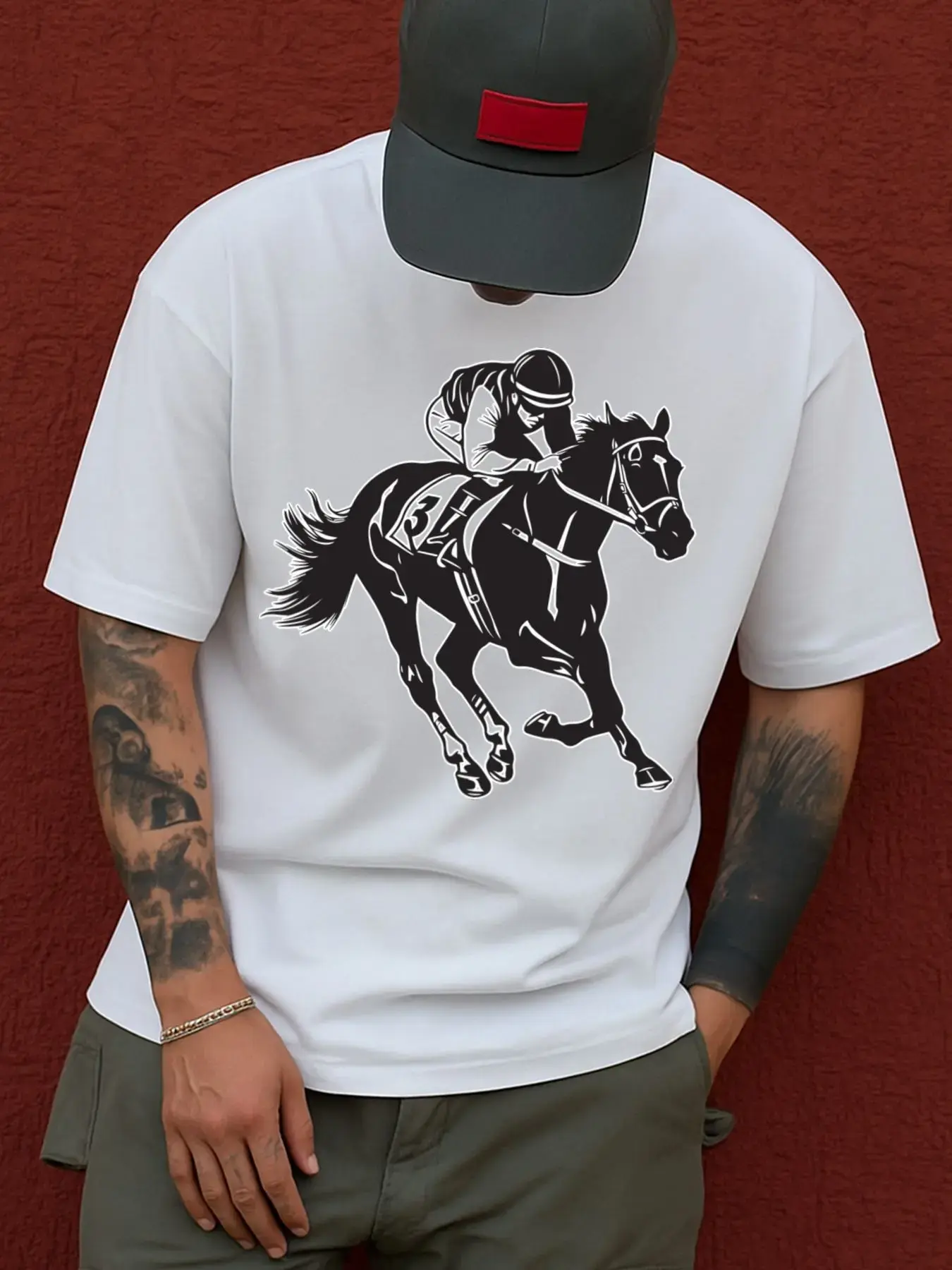 Men's Horse Racin Print T-Shirt- Gallopin Horse Pattern Short Sleeve Crew Neck Casual Shirt, Washable Fun Cool Aily Wear, Sprin Summer Outfit, Horse Racin Activities and Weekend Leisure Choice
